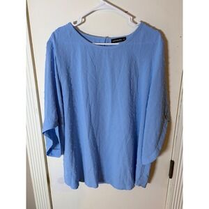 JustFashionNow Womens XXL Light Blue Swiss Dot 3/4 Sleeve Button Tab Blouse Top